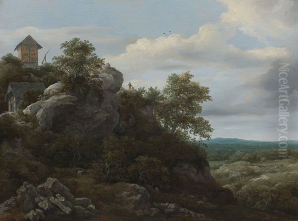 Lanscape with houses on a rocky hill with a view of a plain beyond Oil Painting by Jacob Van Ruisdael