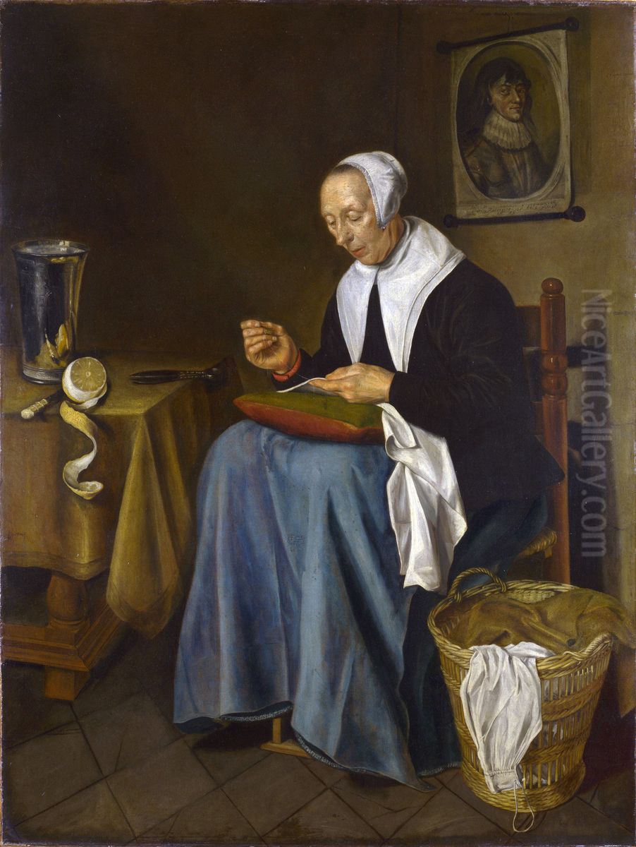 An Old Woman seated sewing Oil Painting by Johannes van der Aeck