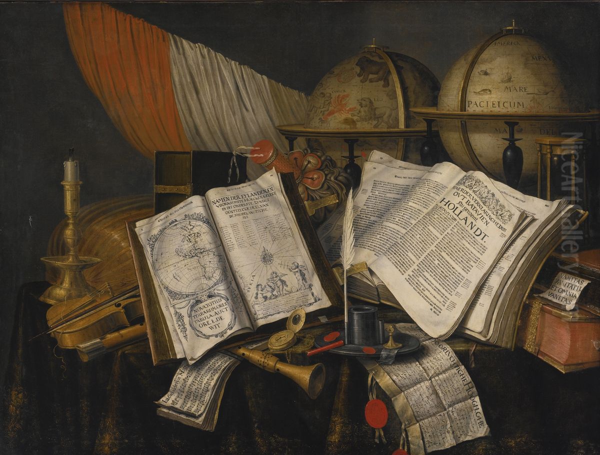 Vanitas Still Life with a Candlestick, Musical Instruments, Dutch Books, a Writing Set, an Astrological and a Terrestial Globe and an Hourglass, All on a Draped Table Oil Painting by Evert Collier