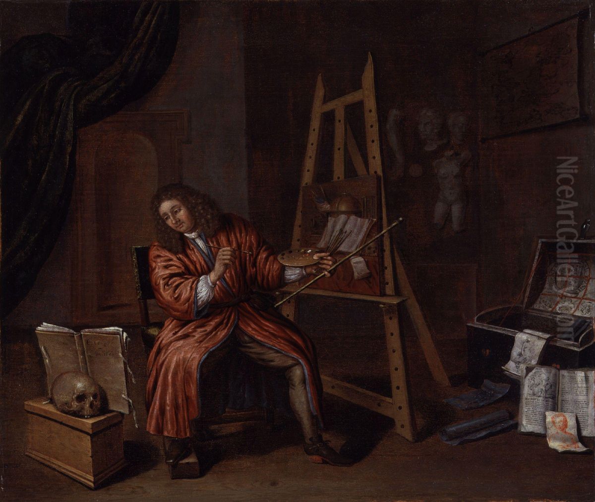 Self portrait of Edwaert Collier (1640-1708) in hie studio Oil Painting by Evert Collier