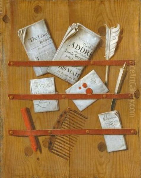 A Trompe l'Oeil of Newspapers, Letters and Writing Implements on a Wooden Board Oil Painting by Evert Collier