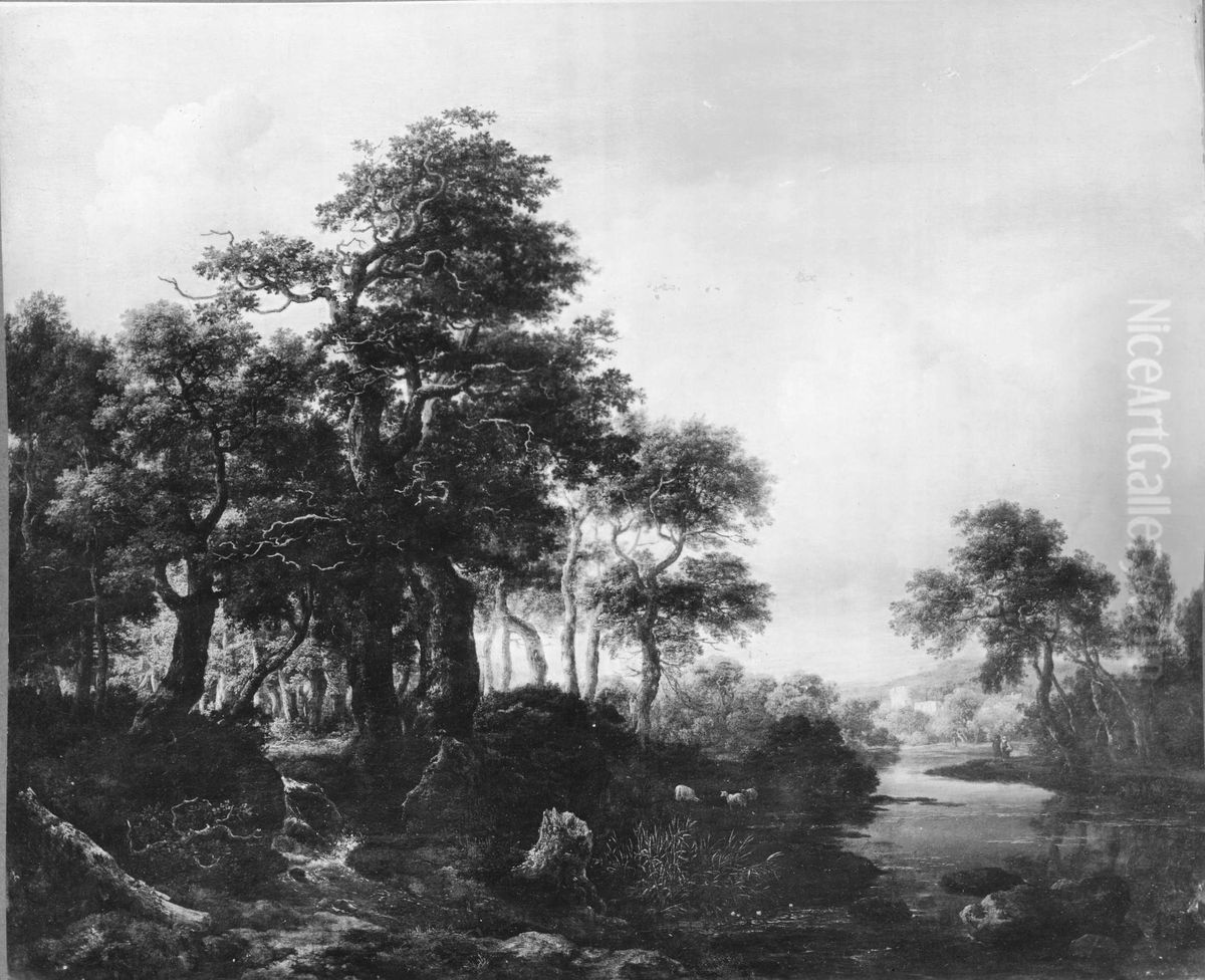 A wooded river landscape with a low waterfall Oil Painting by Jacob Van Ruisdael