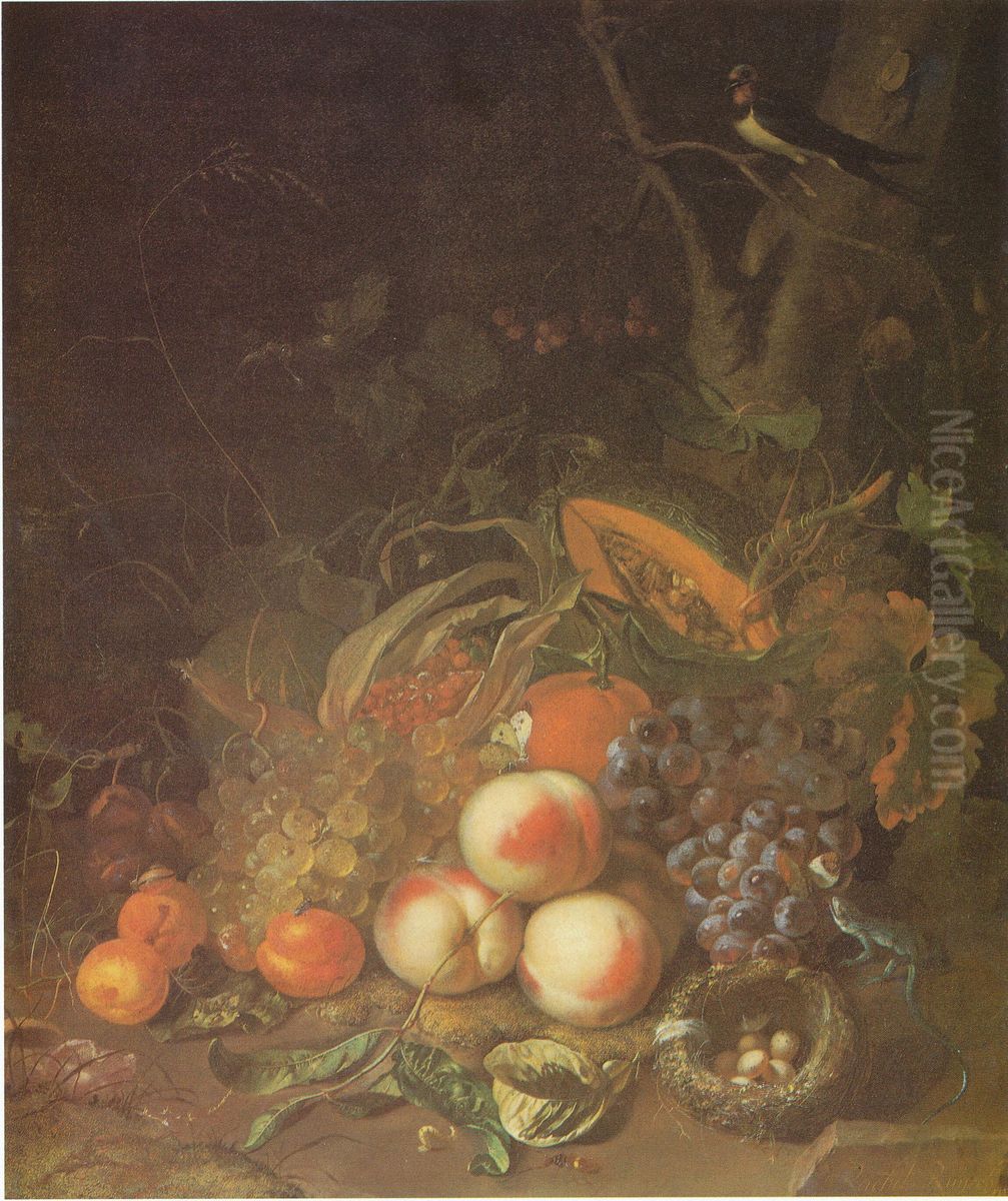 Fruit still life with a bird's nest and lizard Oil Painting by Rachel Ruysch