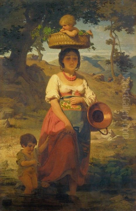 An Italian Woman with Children by a Stream Oil Painting by Johann Koler