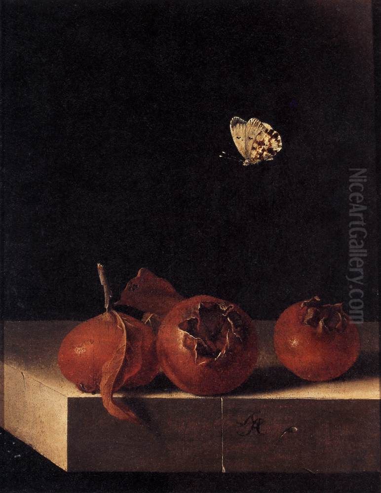 Three Medlars with a Butterfly Oil Painting by Adriaen Coorte