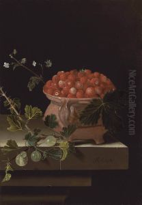 A bowl of strawberries with gooseberries on a stone ledge / Still life with a bowl of strawberries and a spray of gooseberries A bowl of strawberries with gooseberries on a stone ledge / Still life with a bowl of strawberries and a spray of gooseberries