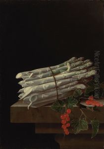 Still life with asparagus and spray of redcurrants