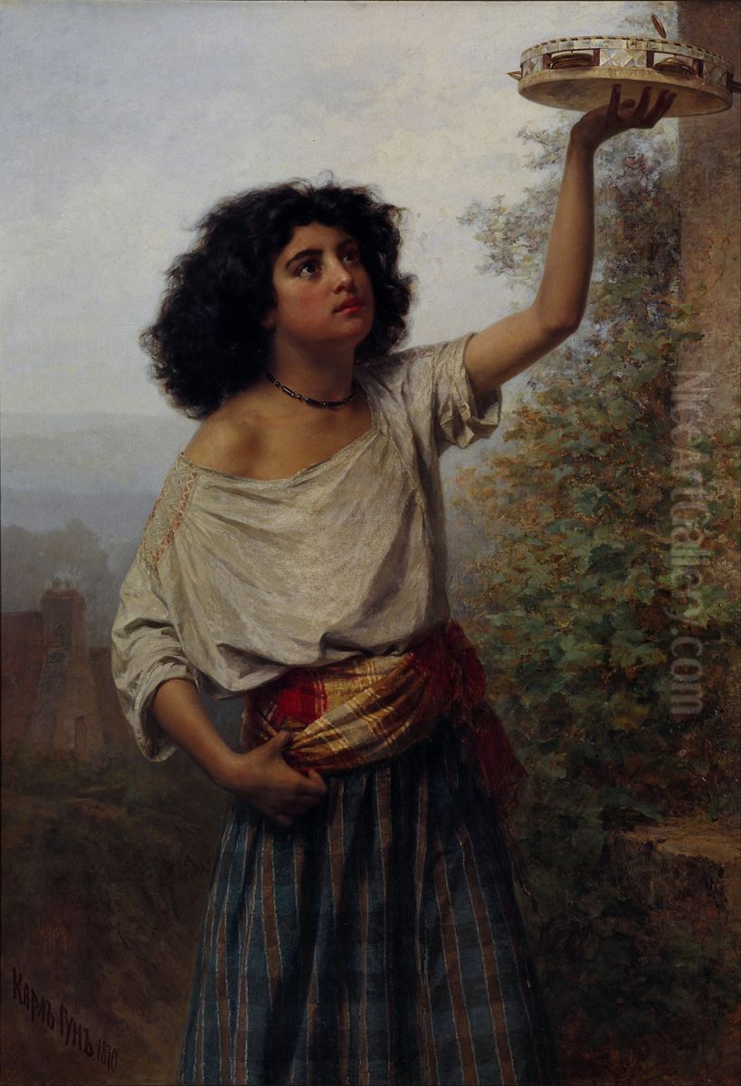 A young Gypsy woman with a tambourine Oil Painting by Carl Huns
