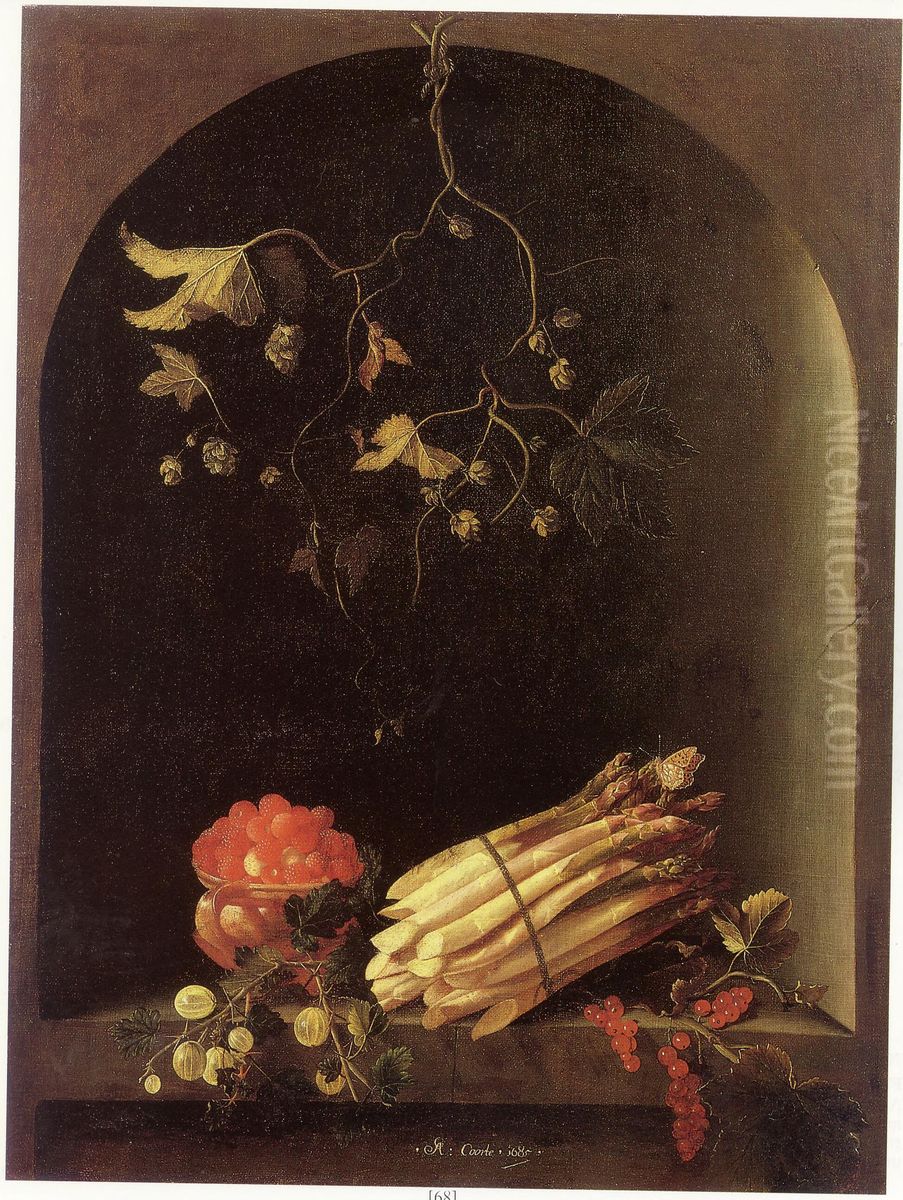 Strawberries, Asparagus, and Gooseberries in a Niche Oil Painting by Adriaen Coorte