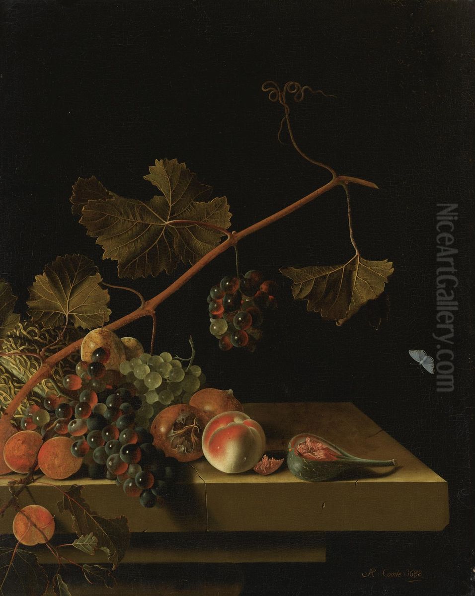 Still Life with a Melon, Grapevine, Medlars, Apricots, a Peach and a Fig Oil Painting by Adriaen Coorte