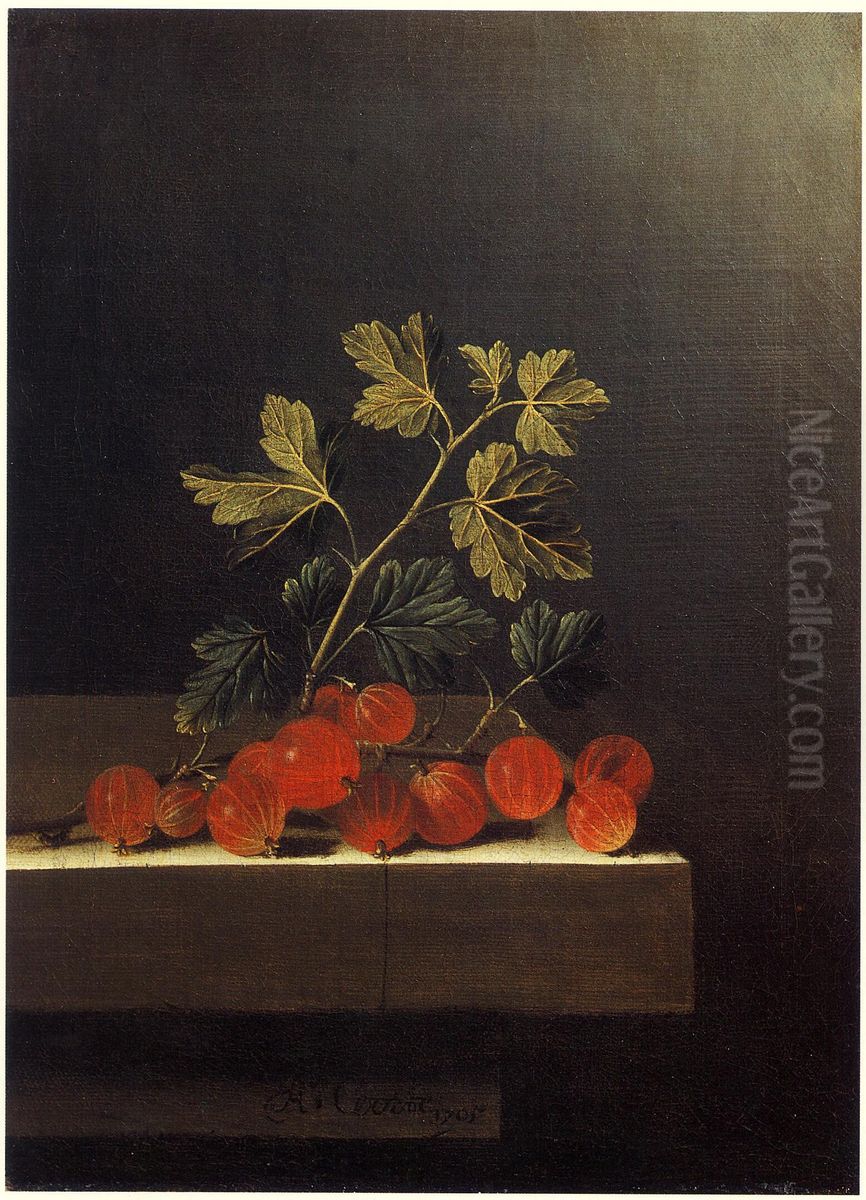 Spray of Red Gooseberries on a Stone Plinth Oil Painting by Adriaen Coorte