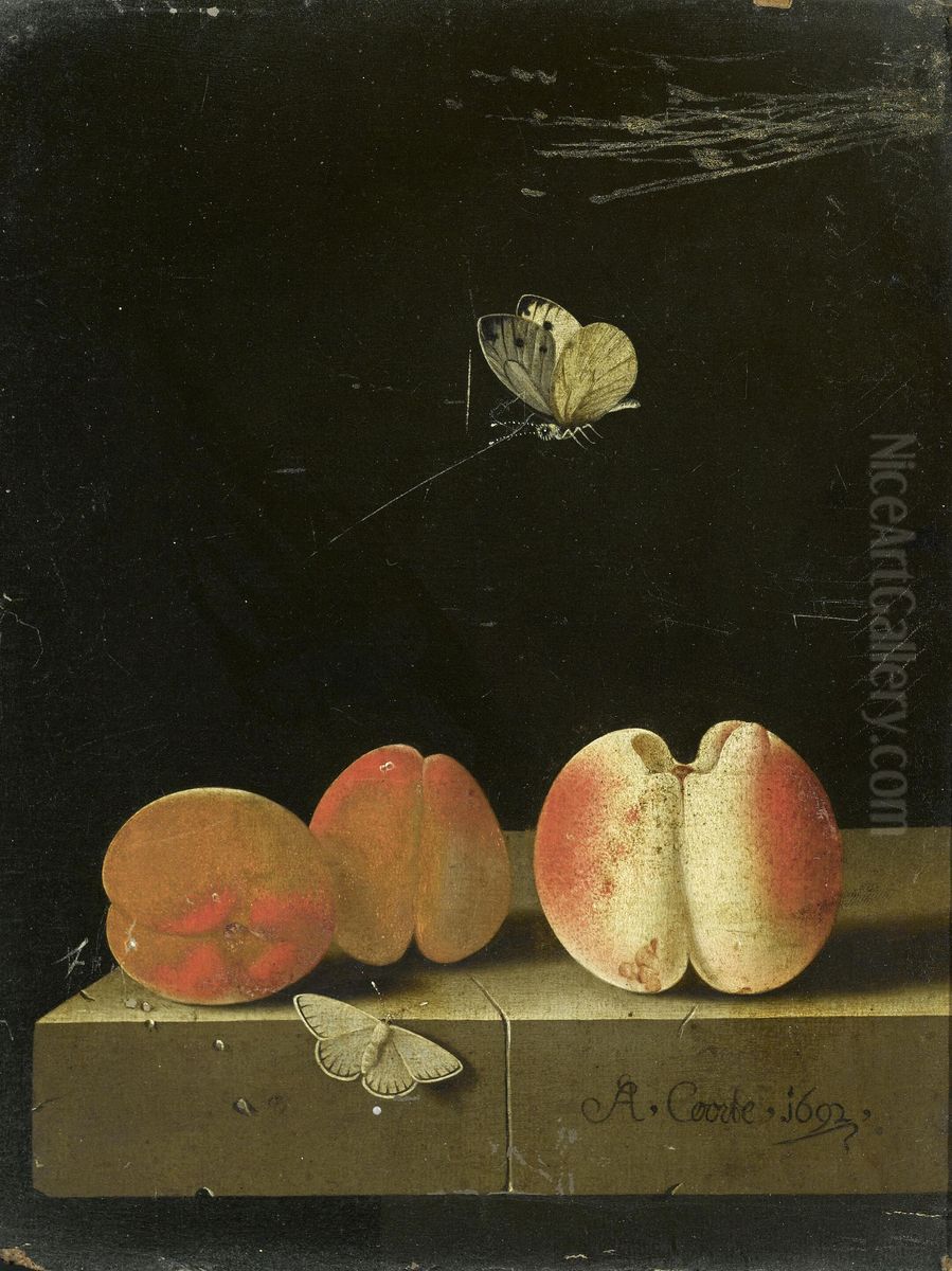 Still life with peach and two apricots Oil Painting by Adriaen Coorte