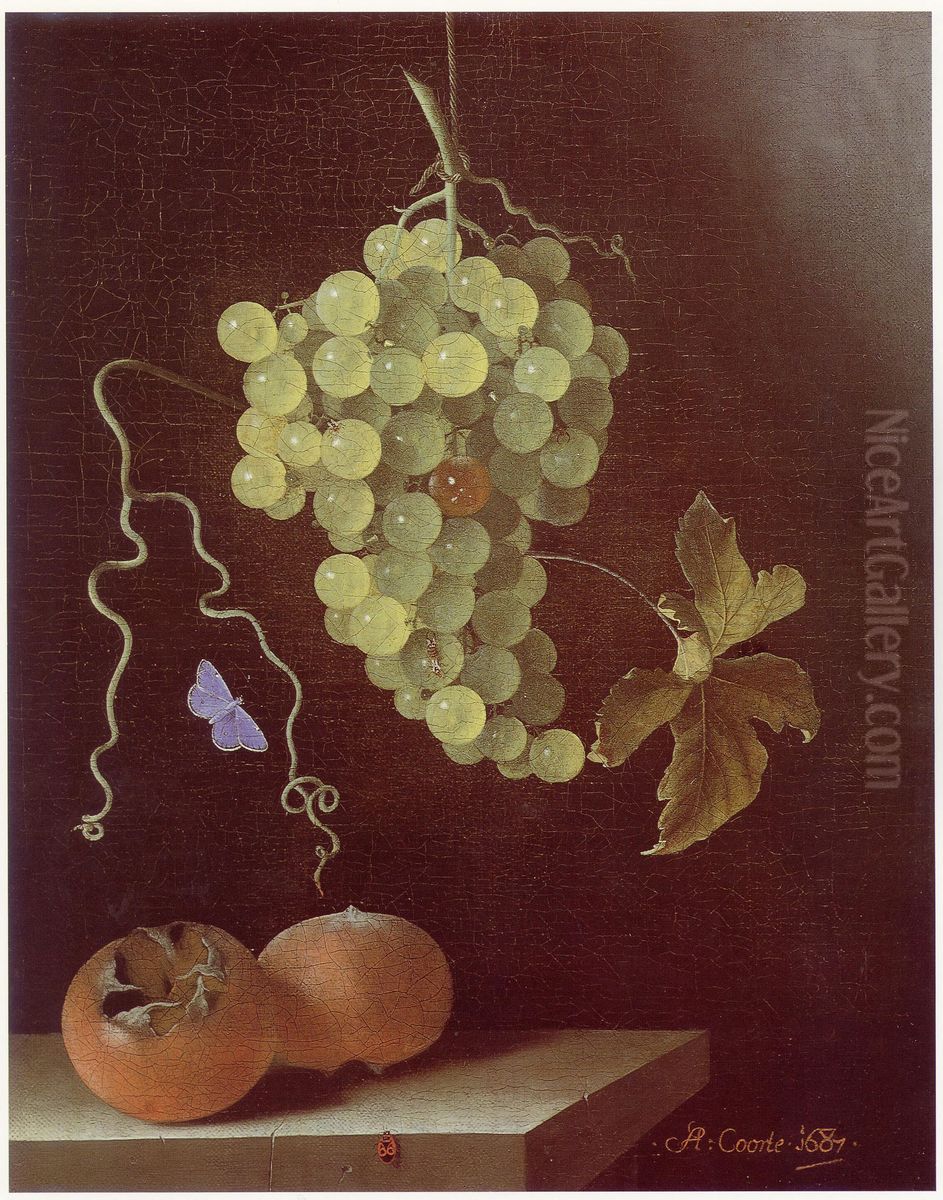Still life with hanging bunch of grapes, two medlars and a butterfly Oil Painting by Adriaen Coorte