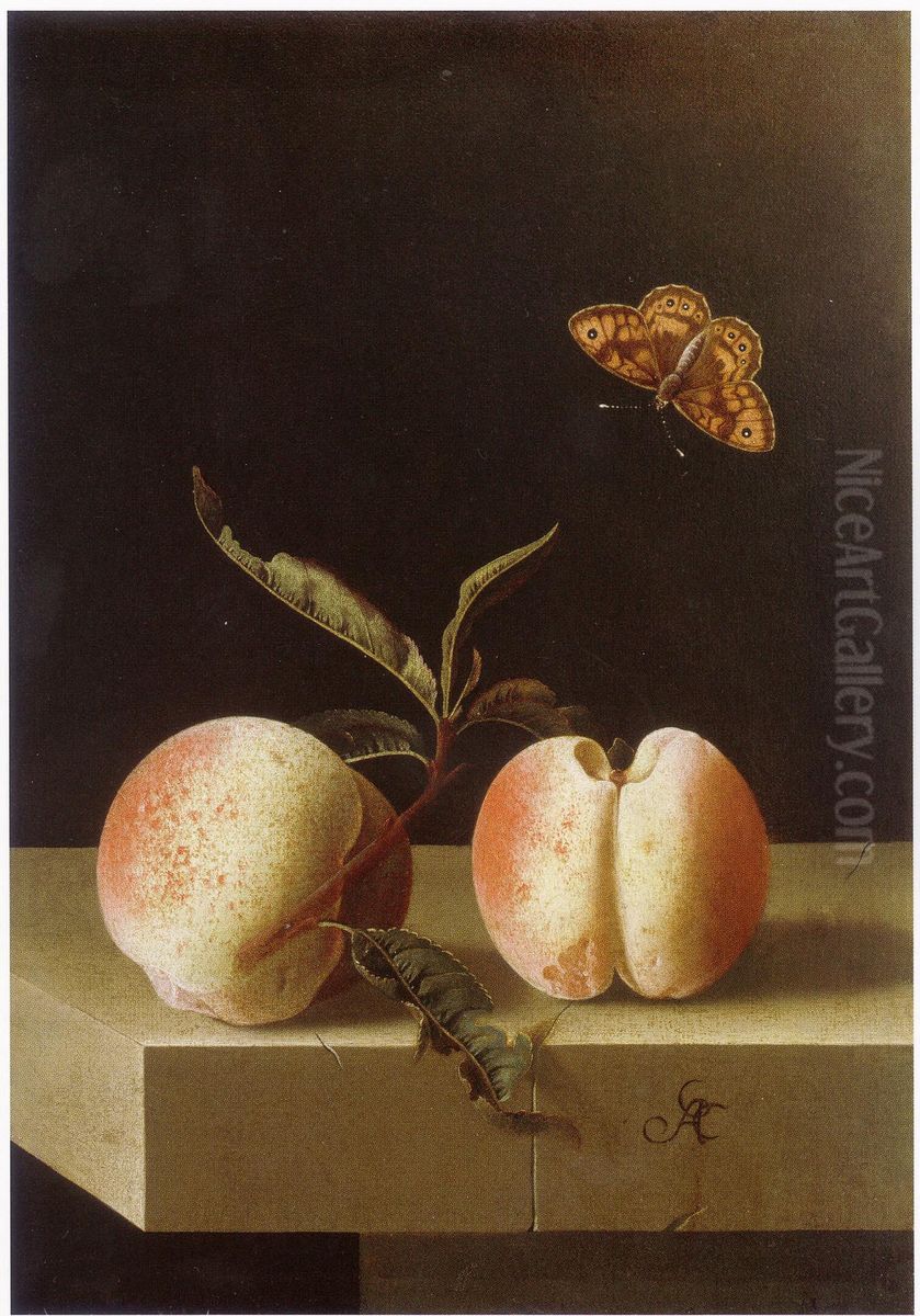 Two peaches and a fritillary butterfly on a stone plinth Oil Painting by Adriaen Coorte Two peaches and a fritillary butterfly on a stone plinth Oil Painting by Adriaen Coorte
