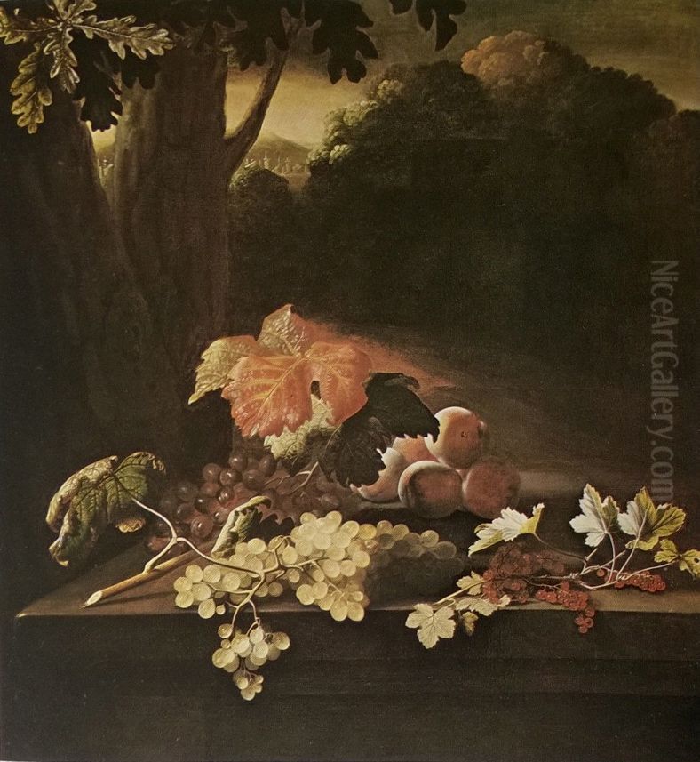 Fruit on a stone table in front of a wooded hilly landscape Oil Painting by Adriaen Coorte