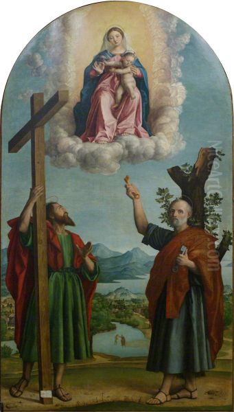 Madona de la Ruer,Ol panorama, del Girolamo dai Libri, del toch a mesde del lach ciapat pio o meno di bande de Peschiera del Garda. Oil Painting by Girolamo dai Libri