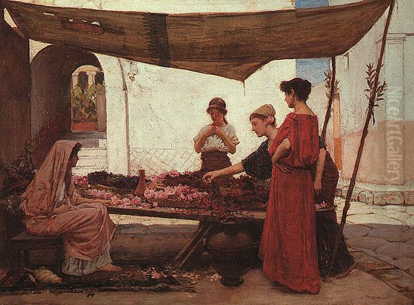 A Grecian Flower Market Oil Painting by John William Waterhouse