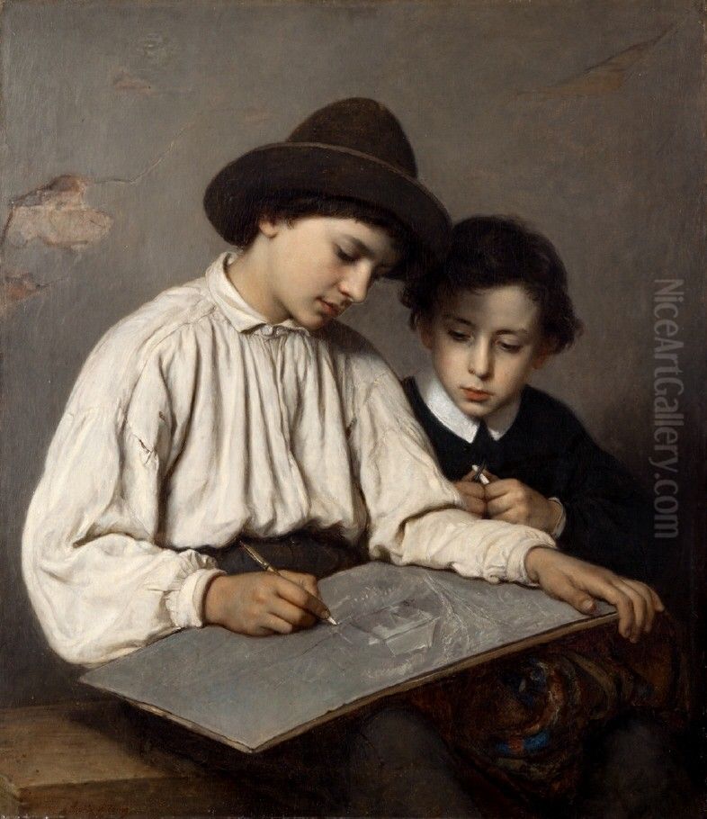 Boys Drawing Oil Painting by Sofie Ribbing