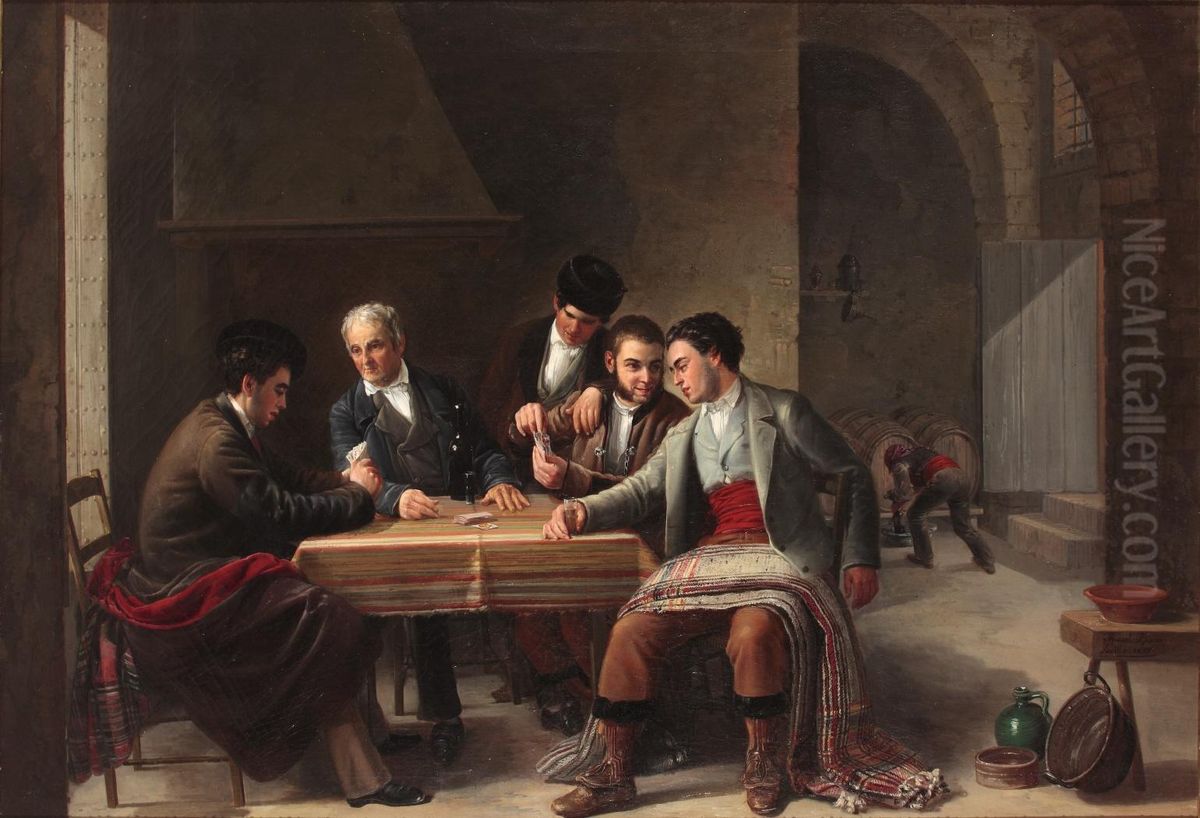 La partida de cartas Oil Painting by Manuel Barron y Carrillo