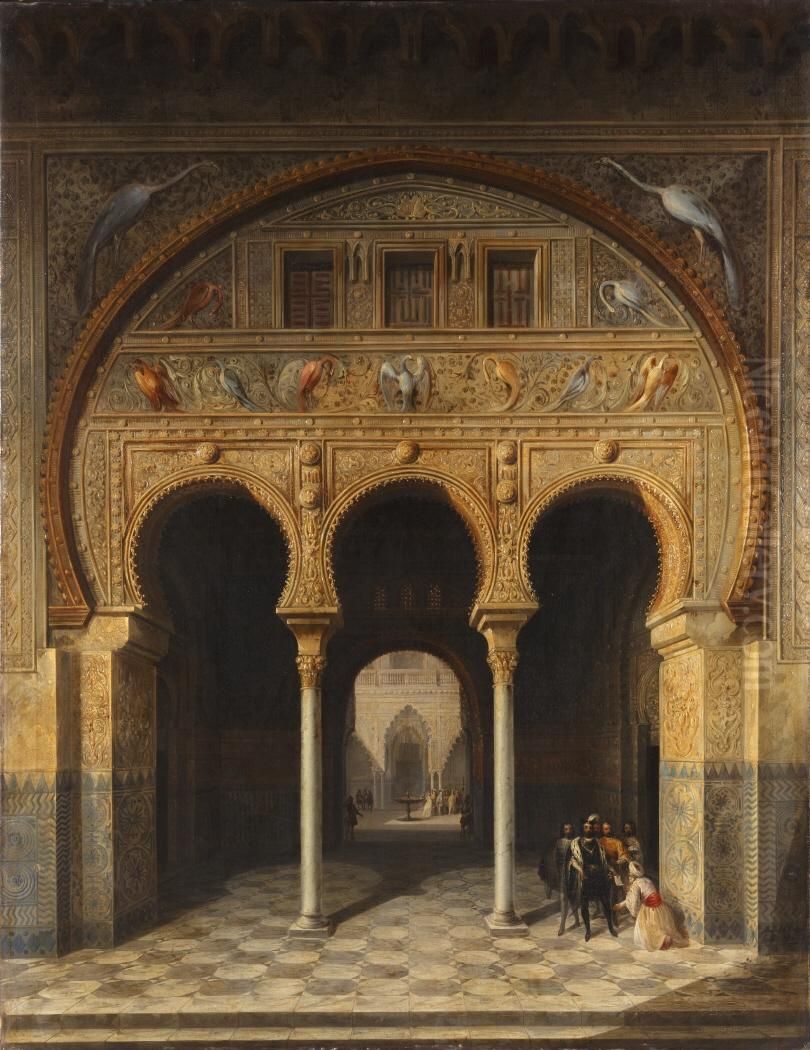 Los Reales Alcazares de Sevilla Oil Painting by Manuel Barron y Carrillo