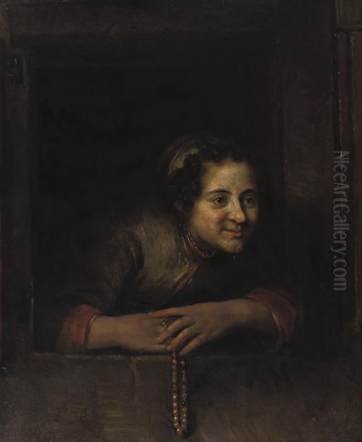 Girl leaning out of a window Oil Painting by Philips Koninck