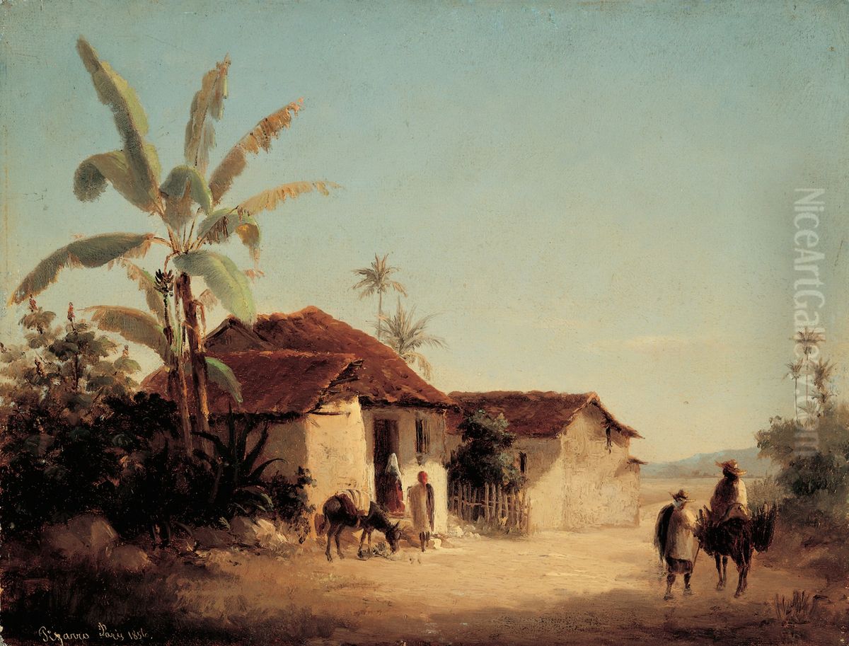 Tropisk landskab med palmer og hytteFrancais :Paysage tropical avec masureset palmiers[1], Paysage avec masures et palmiers[2]Espanol:Paisaje tropical con casas rurales y palmeras.[1]English:Landscape with Farmhouses and Palm Trees[2] Oil Painting by Camille Pissarro
