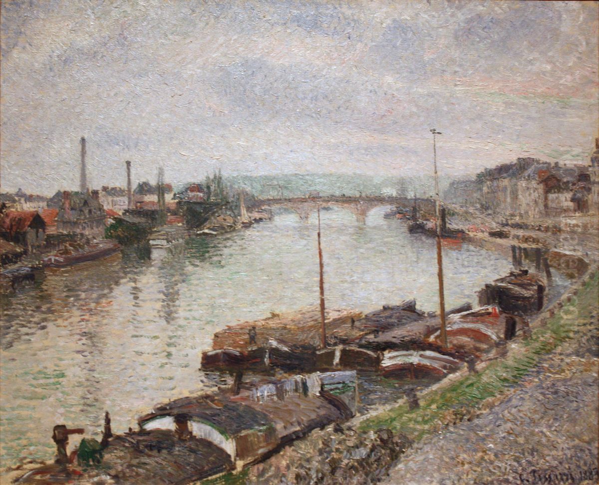 The Stone Bridge and Barges at Rouen Oil Painting by Camille Pissarro