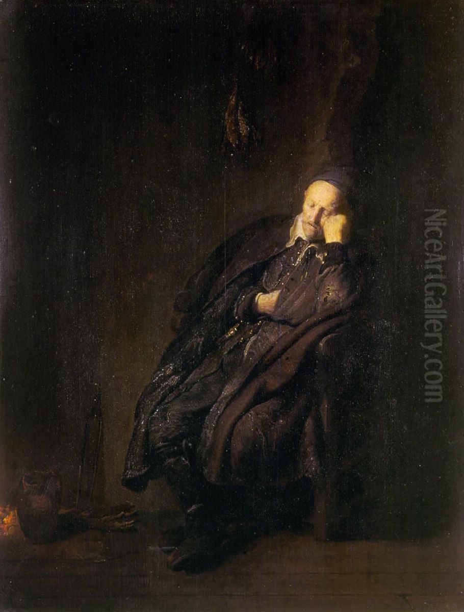 Een oude man slapend bij het vuur, mogelijk 'De Luiheid' Oil Painting by Rembrandt