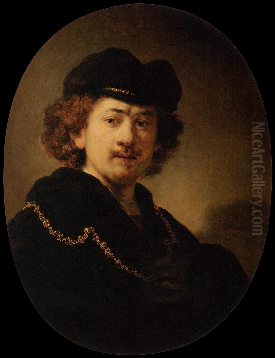 Self-portrait Wearing a Toque and a Gold Chain Oil Painting by Rembrandt