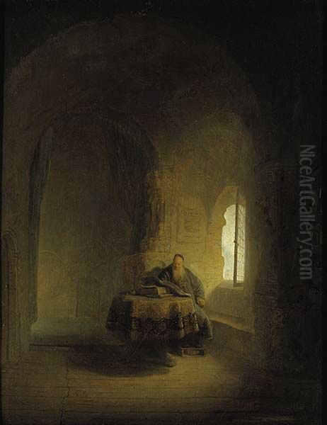An Old Scholar Near a Window in a Vaulted Room Oil Painting by Rembrandt