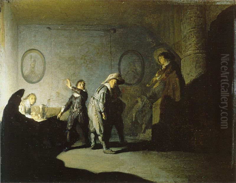 Interior with figures, called 'La main chaude' Oil Painting by Rembrandt