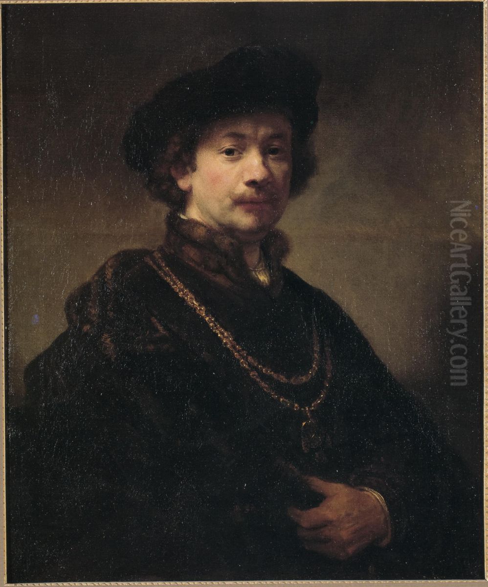 Self-portrait with beret, gold chain, and medal Oil Painting by Rembrandt
