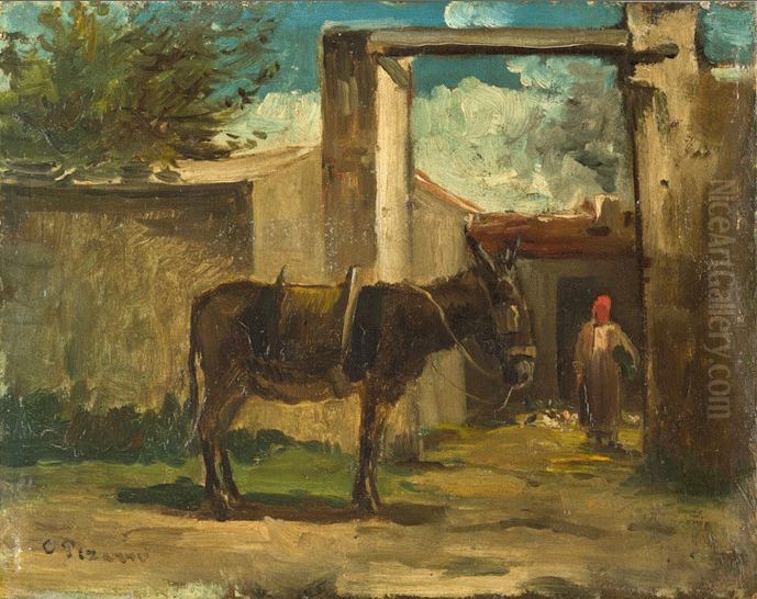 Donkey in Front of a Farm, Montmorency Oil Painting by Camille Pissarro Donkey in Front of a Farm, Montmorency Oil Painting by Camille Pissarro
