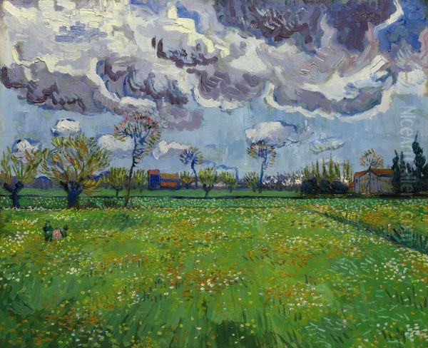 Wiese mit Blumen unter Gewitterhimmel Oil Painting by Vincent Van Gogh