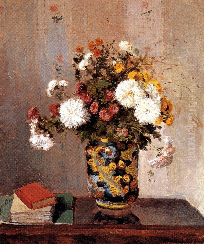 Chrysanthemums in a Chinese Vase Oil Painting by Camille Pissarro