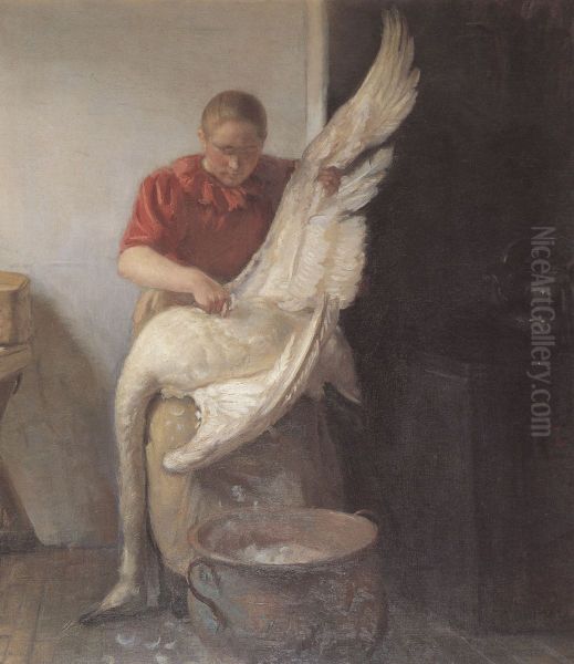 Une jeune fille plumant un cygne. Oil Painting by Anna Ancher