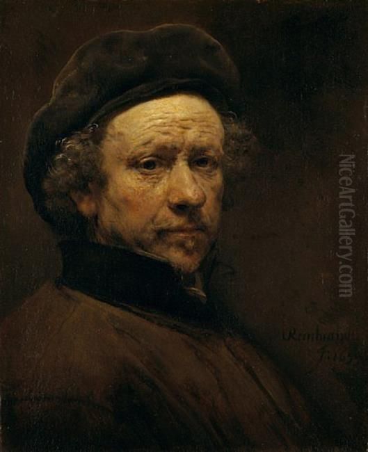 Self-portrait with beret and turned-up collar Oil Painting by Rembrandt