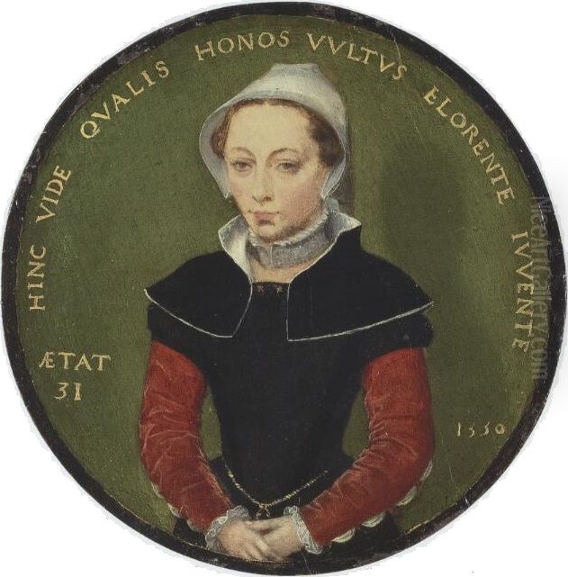Portrait of a thirty-one year old woman half-length, wearing a black dress with red sleeves Oil Painting by Catarina van Hemessen