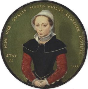Portrait of a thirty-one year old woman half-length, wearing a black dress with red sleeves