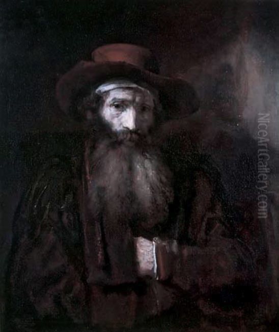 Half-length portrait of a man with beard and headscarf under his hat Oil Painting by Rembrandt