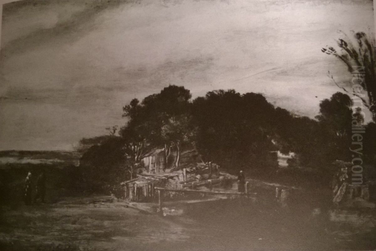 Landscape with cottages Oil Painting by Rembrandt