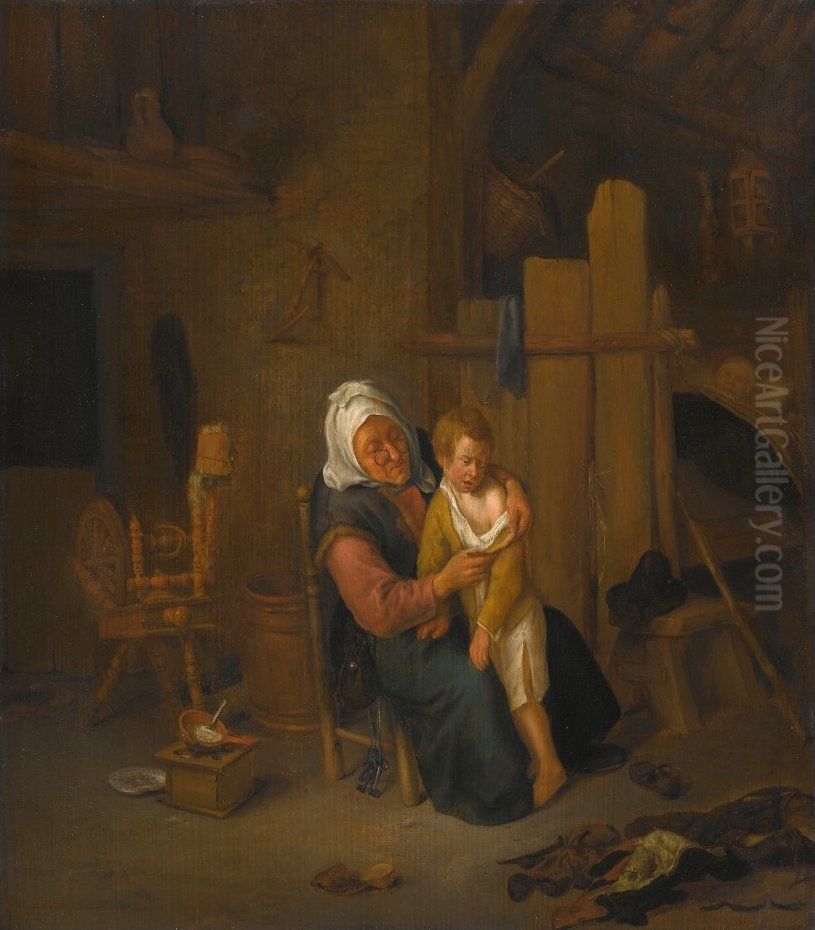 An Old Lady with a Young Boy, in an Interior Oil Painting by Jan Steen