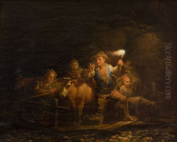 A Ferry with Passengers and Cattle Oil Painting by Aleksander Laureus