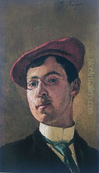 Autapartret u malinavym berece Oil Painting by Jankiel Kruhier