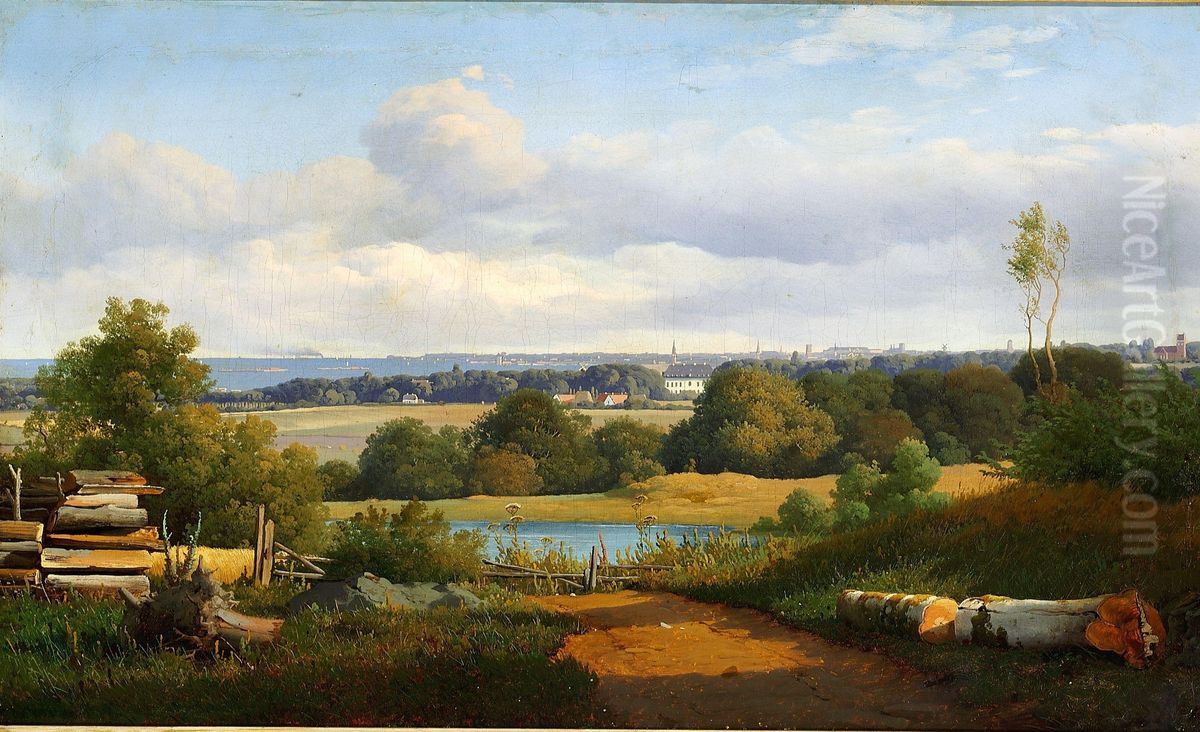 View at Ermelunden overlooking the Gentofte Church, Bernstorff Palace and Copenhagen Oil Painting by Anton Eduard Kieldrup
