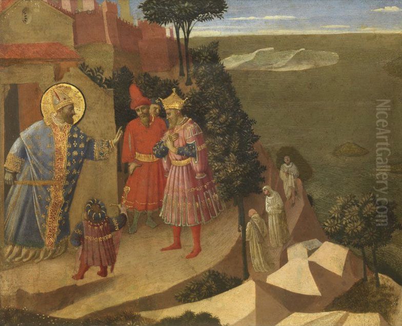 Saint Romuald Forbidding Entry to the Monastery to Emperor Otton III Oil Painting by Fra Angelico