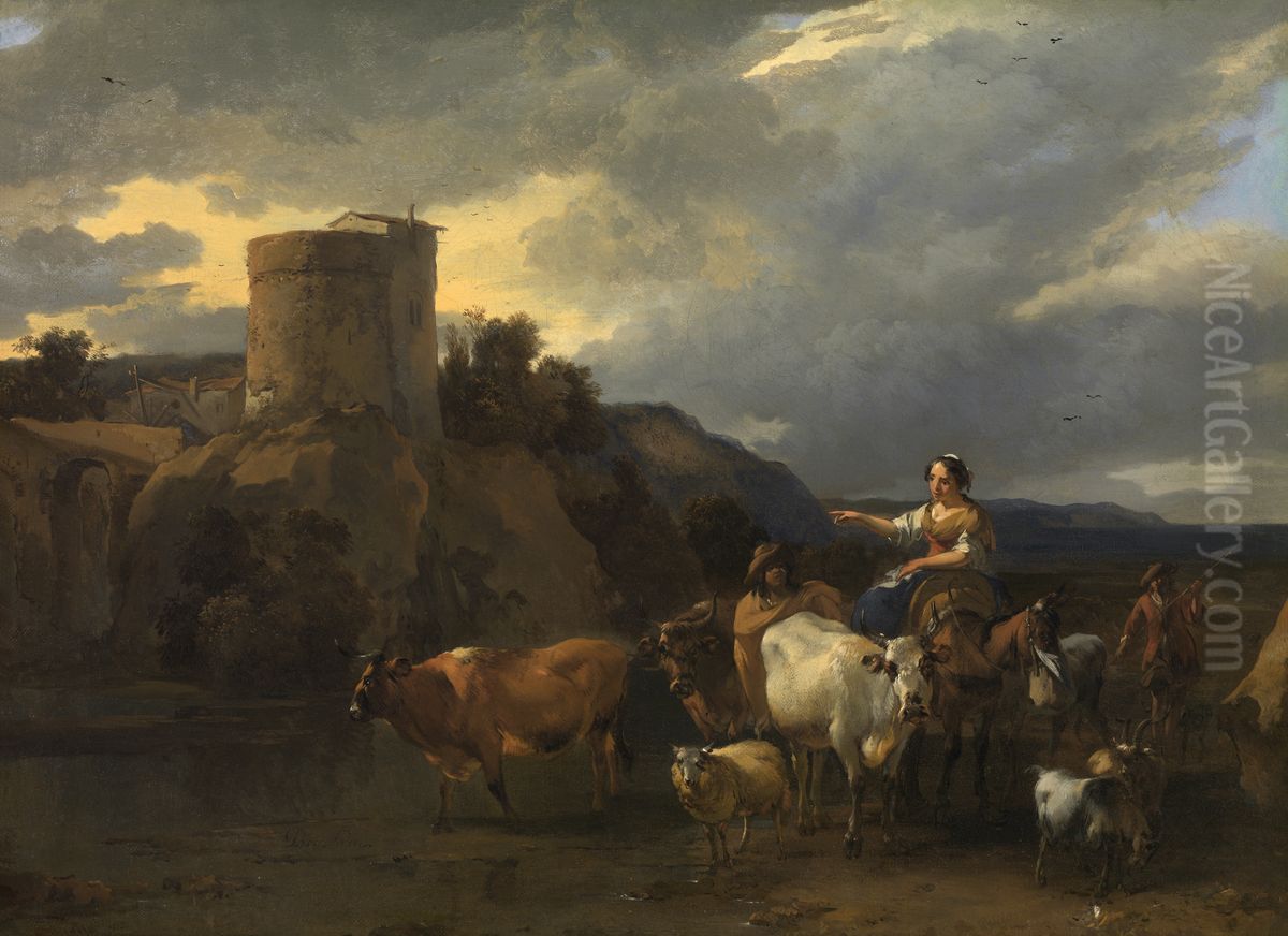 Returning from the Meadow Oil Painting by Nicolaes Pieterszoon Berchem