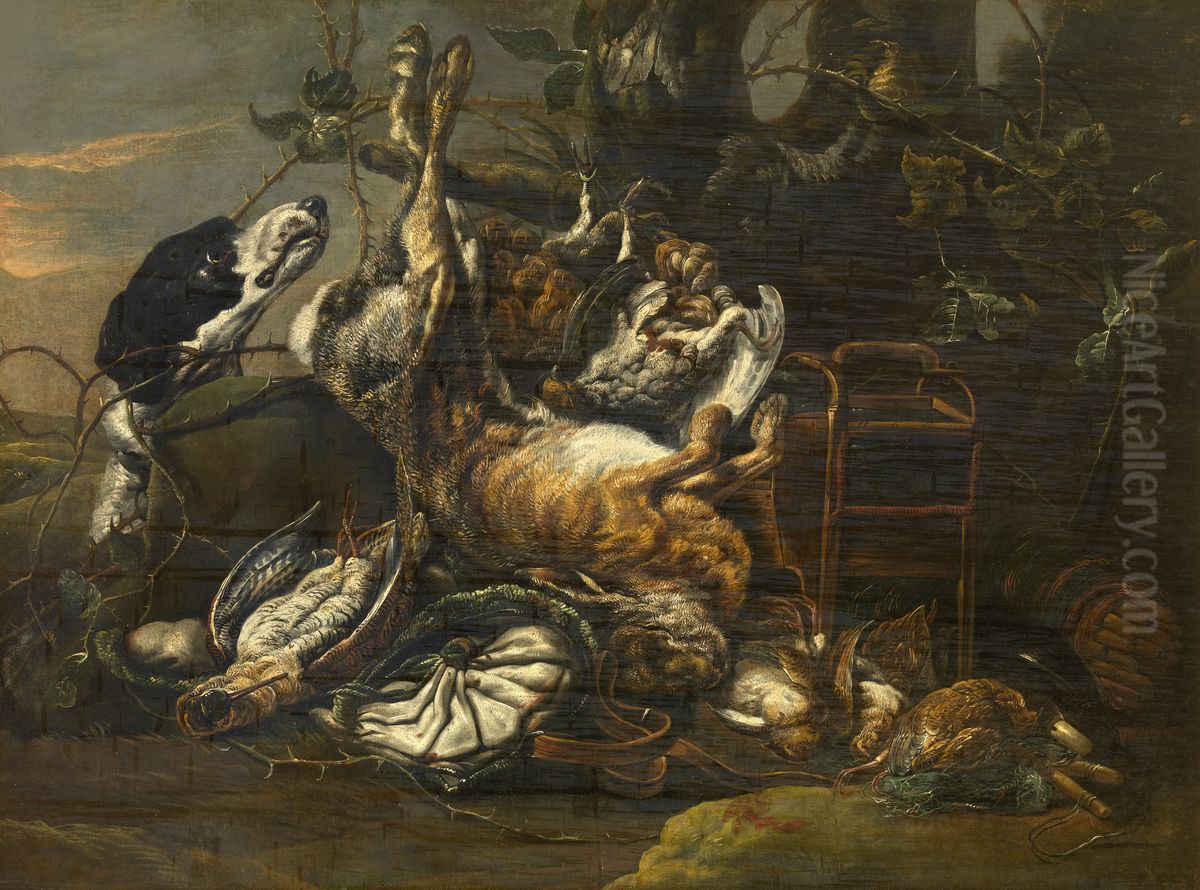 Hond met buit van gevogelte en haas bij een vogelkooi Oil Painting by Pieter Boel