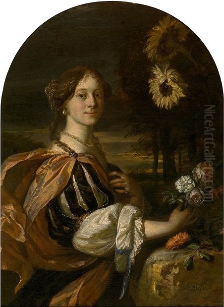 Catharina van Heemskerck met zonnebloemen Oil Painting by Carel de Moor