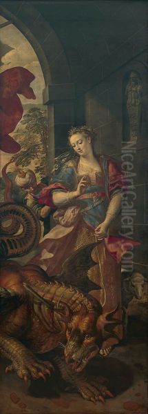 De H. Joris verslaat de draak en bevrijdt de prinses van Silena (Altaar van de Oude Voetboog) Oil Painting by Maerten De Vos